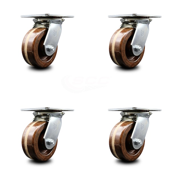 5 Inch Heavy Duty High Temp Phenolic Caster Set with Roller Bearings, 4PK